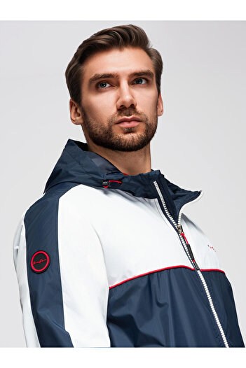 OMBRE Contrast Men's Windbreaker Jacket with Hood - Navy-White V1 OM-JANP-0228