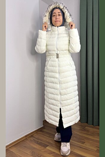 Thiff Women's White Hat Belted Long Puffer Coat