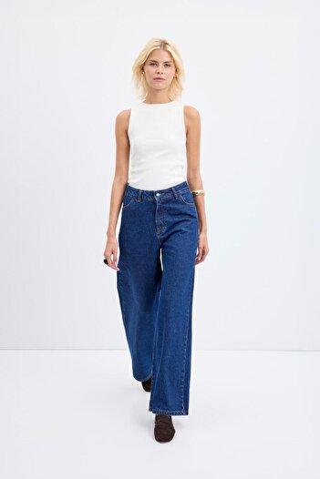 KADRİYE BAŞTÜRK High Waist Wide Leg Gabardine Trousers Dark Blue