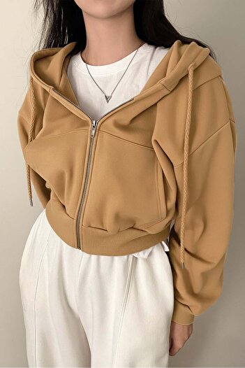 Karakedi Crop Model Beige Thick Hooded Short Sweatshirt