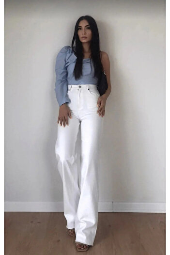 mooishan Wide Leg Lycra White Loose Fit Jeans Women's Trousers, White Women's Loose Jeans-1