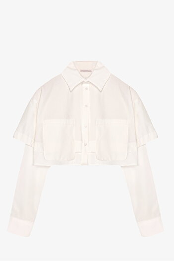 Quzu Double Layer Look Crop Shirt Ecru