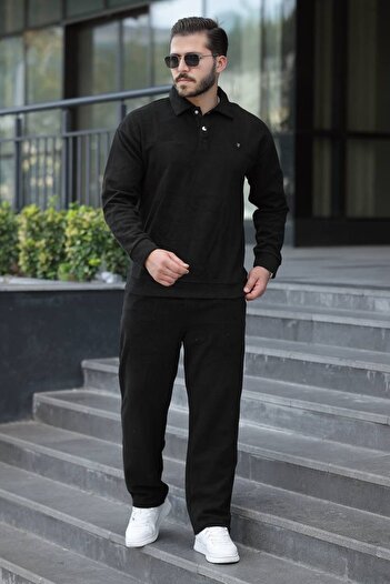 BİRBEYSTORE Men's Top and Bottom Set Polo Neck Thessaloniki Fabric Comfortable Fit Elastic Waist Bottom Cotton