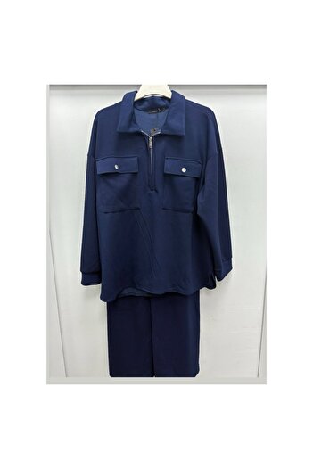 ESNOA Women's Double Pocket Zippered Shirt with Collar and Loose-Leg Pants Double Set