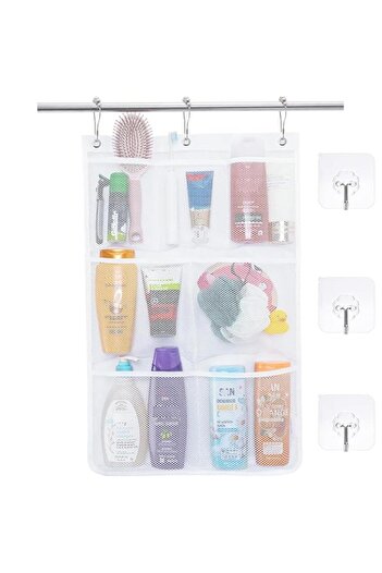 Generic Hanging Shower Mesh Pockets, 7 Pockets Hanging Shower Curtain Liner Pockets with 3 Stainless Steel