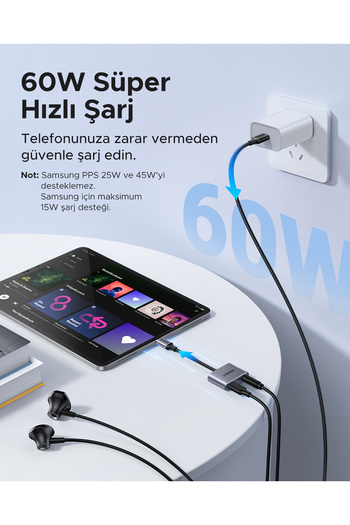 Ugreen USB-C 3.5mm Kulaklık Jakı Ses Adaptörü ve Şarj Cihazı DAC Tip C - Aux Kulaklık Ayırıcı, 60164