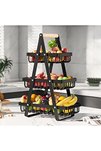Generic 3-Tier Fruit Basket, Detachable Metal Vegetable Basket with Wooden Handle, Kitchen Counter Bowl for