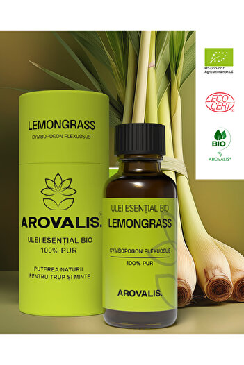 Arovalis. ORGANIC LEMONGRASS ESSENTIAL OIL (Cymbopogon flexuosus) 100% PURE