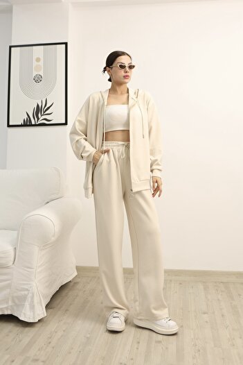 b buhari bykoc Hooded Zippered Wide Leg Modal Fabric Tracksuit Set