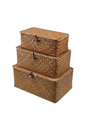 Generic Esoes Wicker Storage Basket Woven Rattan Storage Box With Lids Seagrass Laundry Baskets Makeup Orga