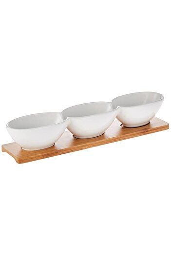 Generic Shallowporcelain Bowl With Bamboo Tray, White/Brown, Jmd154
