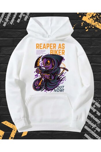 OEM - Men's Printed Hoodie, Reaper as Biker, Cotton, White, S INTL