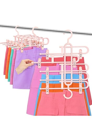Generic Space Saving Skirt Hangers, 5-Tier Pink Closet Organizers, Swivel Hook Pants Hangers with Clips for