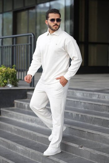 BİRBEYSTORE Men's Top and Bottom Set Polo Neck Thessaloniki Fabric Comfortable Fit Elastic Waist Bottom Cotton
