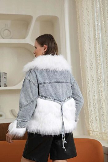 Welike Women's long denim jacket with fur Penny