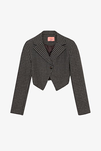 Quzu Plaid Single Button Crop Blazer Jacket Brown