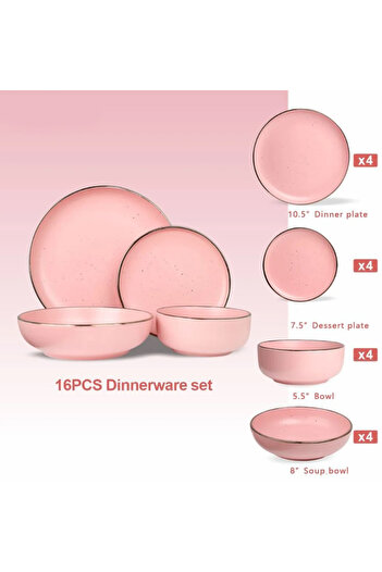OEM Dinner service set, 16 pieces Ceramic, 2 plates + 2 bowls, Pink