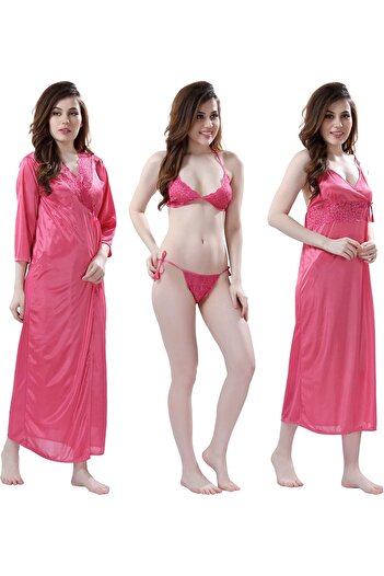Generic Romaisa Women's Satin Solid Maxi Length Nighty, Wrap Gown, Bra and Thong (FP442-375_Alice Pink_Free