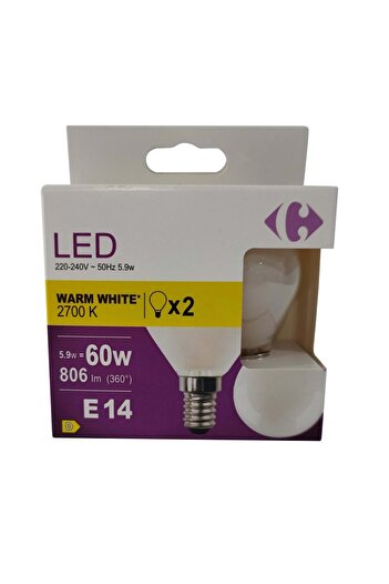 Carrefour Home Set 2 becuri LED Carrefour, E14, 60 W, 806 lm, 2700 K, Alb cald