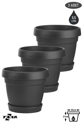 ToXA 3 Adet 5,5 Litre Mono Saksı Seti Tabaklı Drenaj Delikli Plastik Çiçek Saksısı Set