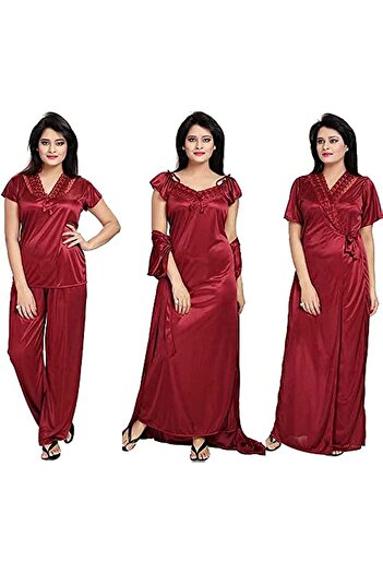 Generic Fabme Women's Satin Nightdress (NW0200_Maroon_Free Size), Maroon, Free Size