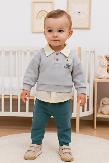 dinamik çocuk Baby Boy Adventure Embroidery Collar Detailed 2-Piece Set 3-Thread Winter Sweatshirt and Bottoms 100% Cotton 6-24 Months