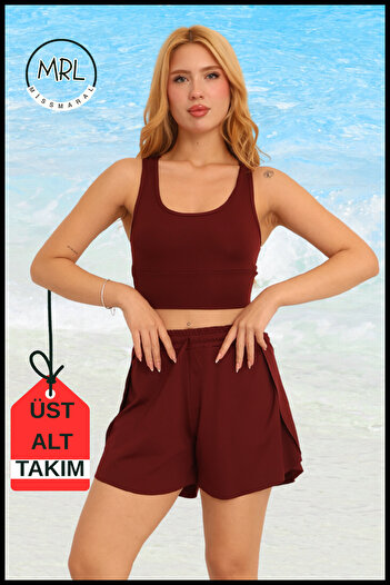 missmaral Women's Burgundy Two-Layer Sports Swimsuit Set – Fixed Pad Top, Elastic Waist Shorts with Pockets