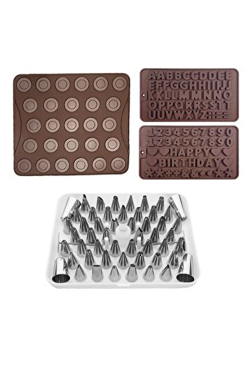 Quasar & Co. Confectionery/pastry set, 27 macaron sheet, 2 decorating molds, 55 tips, silicone/metal, brown-gray