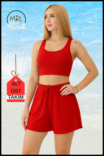 missmaral Women's Red Two-Layer Sports Swimsuit Set – Fixed Pad Top, Elastic Waist Shorts with Pockets