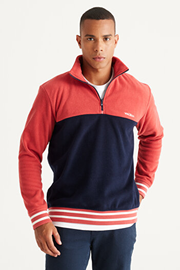 AC&Co / Altınyıldız Classics Navy Blue-Coral Standard Fit High Neck Fleece Sweatshirt