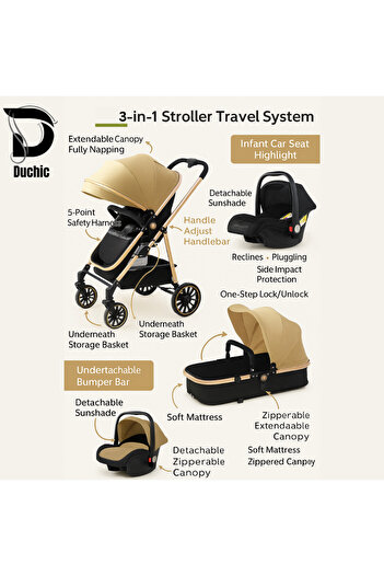 Generic 3-in-1 Baby Stroller with Carrycot, Car Seat & Reclining, , baby stroller 0-3 years Khaki and Black