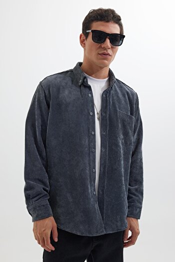 Tudors Men's Regular Fit Comfortable Cut Corduroy Look Button down Collar Gray Jacket Shirt