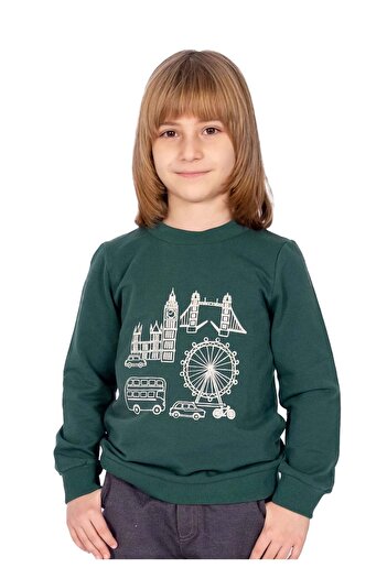 Ozmoz By Mukadder Özden Organic Cotton London Printed Winter Boys' Sweatshirt Green