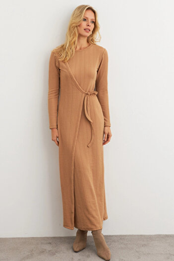 Cool & Sexy Kadın Camel Kruvaze Maxi Elbise COL31