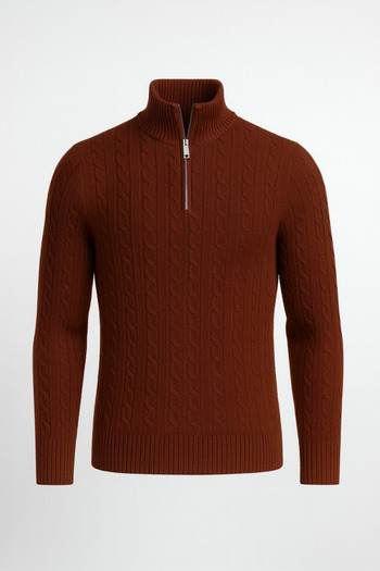 Valiberta Bardem Braided Half-Zip Men's Knit Sweater - Brown