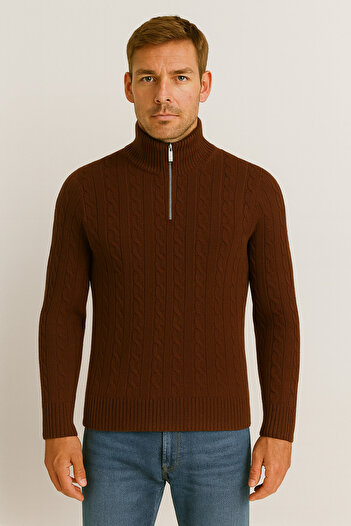 Valiberta Bardem Braided Half-Zip Men's Knit Sweater - Brown