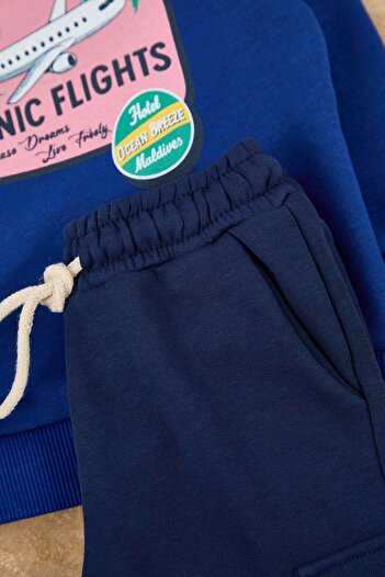 TRENDYOLKIDS Blue*004 Boy's Cotton Slogan Printed Regular Knitted Bottom - Top Set Tkdaw26Au00046