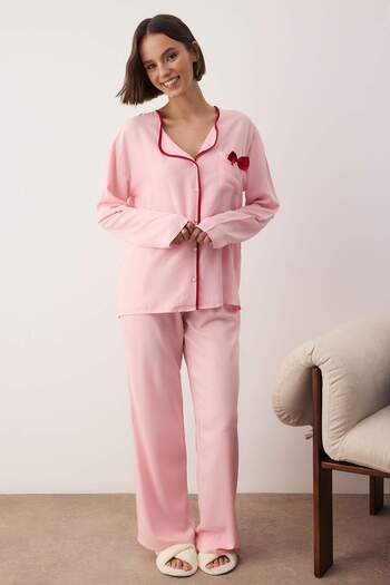 Trendyol Collection Pink Plain Ribbon Shally Woven Pajamas Set Thmaw26Pt00007