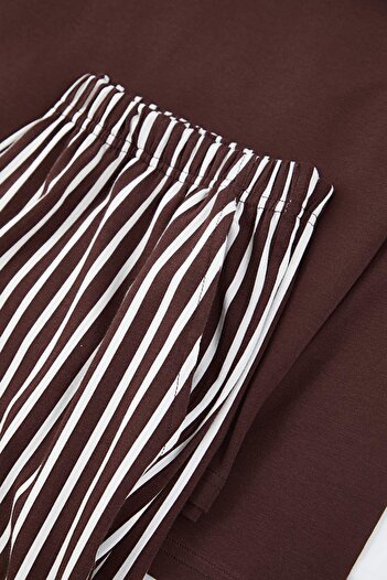 Trendyol Collection Brown Regular Cotton Long Sleeve Top Coffee Printed Bottom Striped Pajama Set Tmnaw26Pt00013