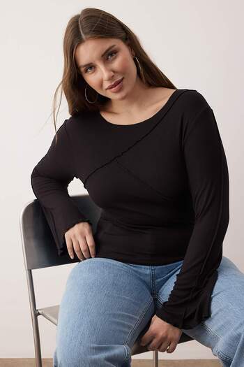 Trendyol Curve Black Viscose/Soft Fabric Ribbed Detail Spanish Sleeve Knitted Plus Size Blouse Tbbaw26Af00017