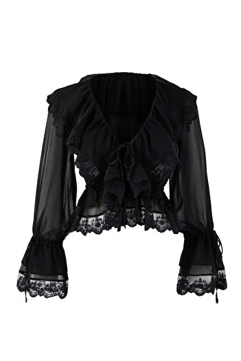 Trendyol Collection Black Lace Detailed Ruffled Woven Party Blouse Tpraw26Bz00015