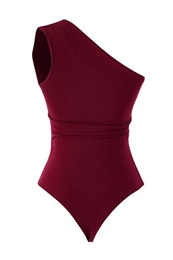 Trendyol Collection Burgundy Solid Asymmetric Neckline Sleeveless Knitted Sandy Bodysuit Tpraw26Bd00006