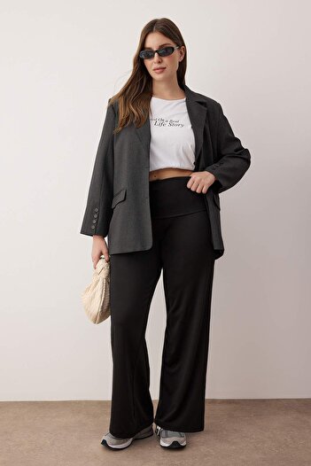 Trendyol Curve Black Scuba/Submersible Wide Leg Waist Foldable Knitted Sports Plus Size Sweatpants Tbbaw26Aj00003