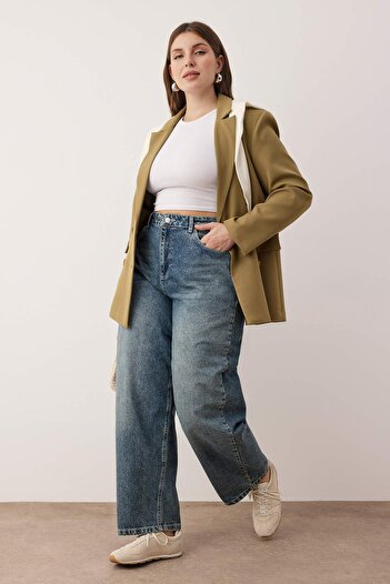 Trendyol Curve Blue High Waist Barrel Baggy Plus Size Jeans Tbbaw26Cj00043