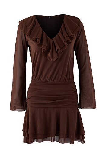 Trendyol Collection Brown Plain Flounced / Ruffled Extra Short / Super Mini Knitted Dress Twoaw26El00332