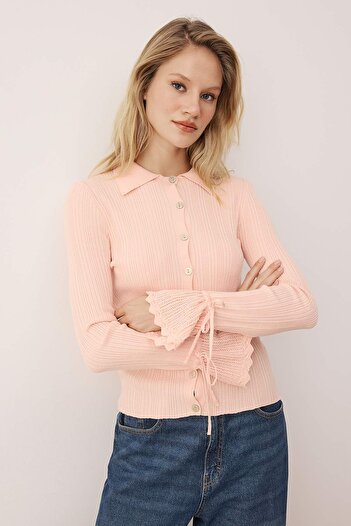 Trendyol Collection Powder Mercerized Look Ribbed Polo Neck Knitwear Cardigan Twoaw26Hi00111