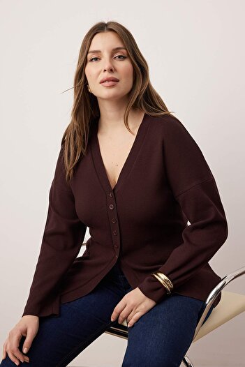 Trendyol Curve Brown V-Neck Mercerized Look Premium Yarn/Special Yarn Knitwear Cardigan Tbbaw26Av00036