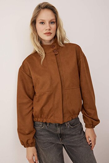 Trendyol Collection Camel Regular Stand Collar Επενδυμένο σουέτ παλτό TWOAW26MO00161