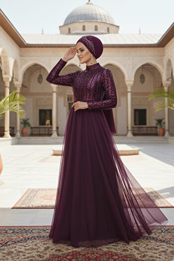 Neva Style Βραδινό φόρεμα με παγιέτες δαμάσκηνο Hijab 5338mu