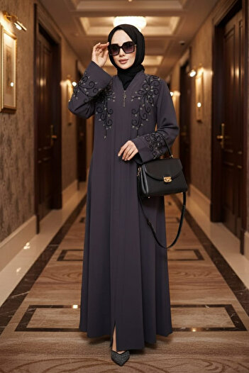Neva Style Bead Embroidered Smoked Hijab Abaya 29107Fu